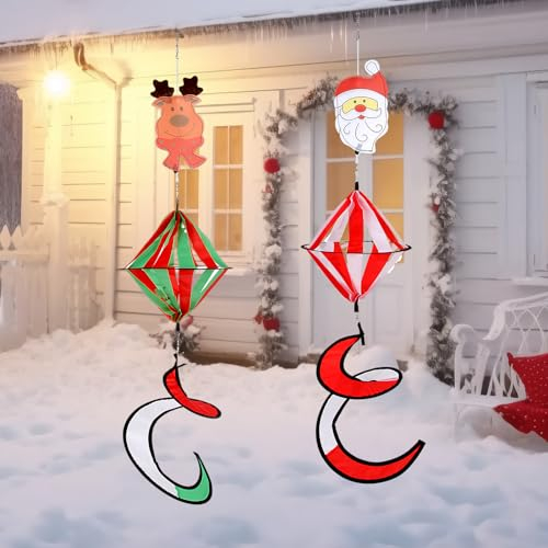 2 Pack 40 Inch Christmas Santa Snowman Wind Spinner Curly Windmill Decorations, Hanging Wind Twister with Tail Whirligigs Crafts Gifts Ornaments for Indoor Outdoor Yard Patio Lawn Garden Decor