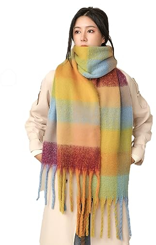 Wambere Damen Schal, Kariert übergroßer Winter SchaltuchKaro Schultertuch Plaid Deckenschal Modeschal Weich Warm Strickschal Oversized Herbstschal Warme Winter Stola mehrfarbig,Gelb/Blau