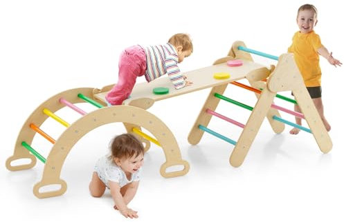 Maxmass Kids Climbing Triangle Set, 3-in-1 Toddler Climber with Ladder, Reversible Ramp & Arch, Wooden Climbing Playground for Indoor & Outdoor (Colorful)