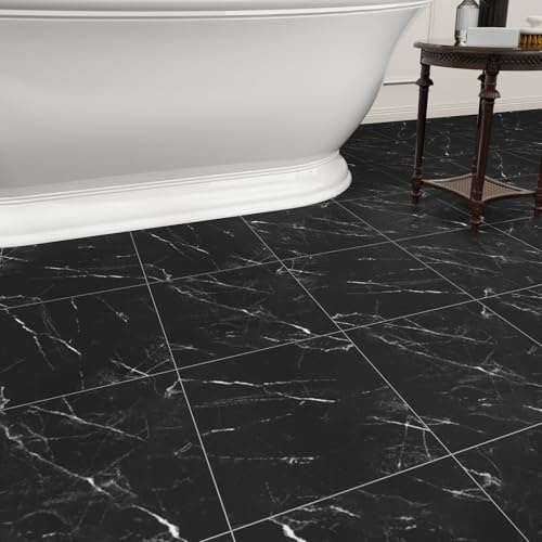Confezione da 20 piastrelle adesive per pavimenti in vinile, autoadesive, impermeabili, fai da te, per bagno, cucina, soggiorno, camper, 30,5 x 30,5 cm, colore: nero