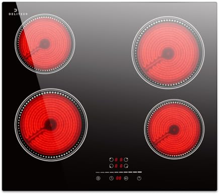 Plaque Vitrocéramique 4 Feux, DELITEER Table de Cuisson Vitrocéramique, 59CM Encastrable, 6000W, Commande Tactile à Curseur, 9 Niveaux de Chauffage, 220V, 50Hz, sans Prse