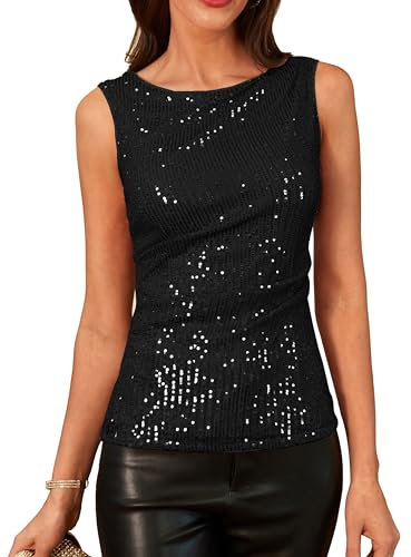 Damen Pailletten Top Rundhalsausschnitt Ärmellos Figurbetontes Westenoberteil Tank Party Festival Outfit Schwarz L