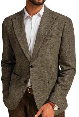 PJ Paul Jones Herren-Blazer mit Fischgrätenmuster, Tweed, Vintage-Wollmischung, Zwei Knöpfe, Blazer mit Taschen, Khaki32, M