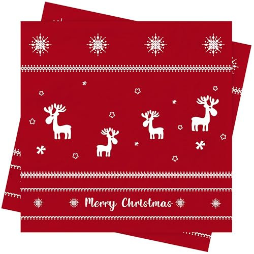 Red Christmas Napkins for Table Decoration - 40Pcs Paper Napkin with Reindeer Snowflakes Christmas Decorations Winter Napkins Serviettes Disposable for Xmas Party Supply Decoration