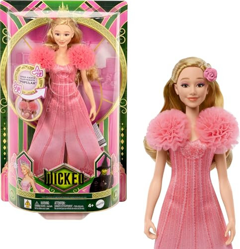 Wicked Mattel Singende Glinda-Modepuppe Accessoires, beweglich und mit vom Film inspiriertem Look sowie abnehmbarem Outfit, singt Heißgeliebt“, JLG49, Pink