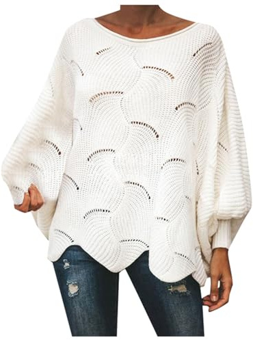 Pull femme chic et elegant soiree casual pull fin manche longue col bateau tricot torsade maille pullover oversize grande taille volants mode chandail crochet décontracté ideal tops (White, XXL)