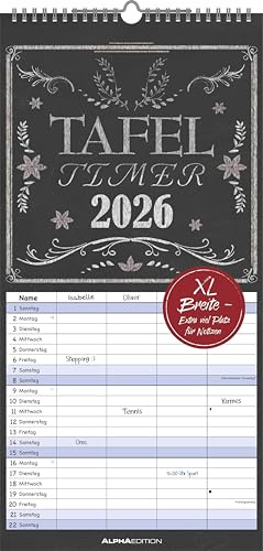 Alpha Edition - Tafel Timer Familienkalender 2026 – Wandkalender 22×45 cm mit 4 Spalten & Feiertagen, Kreidetafel-Design mit Zusatzinfos, perfekter Terminplaner für Familien