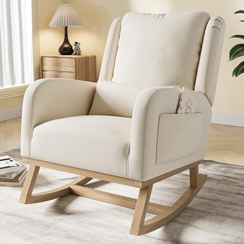 MIOOSUT Fauteuil à Bascule, Chaise à Bascule en Tissu avec Dossier Haut Rocking Chair avec Poche Latérale et Coussin Lombaire Rocking Chair Intérieur Extérieur (Lin, Beige-A)