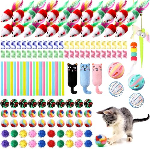 Shappy 150 Pcs Cat Toys for Indoor Cats Bulk, Kitten Toys Pack, Variety Interactive Gift Including Mice Rainbow Balls Spring Crinkle Balls Gift for Kitty Kitten Cat(Funny)