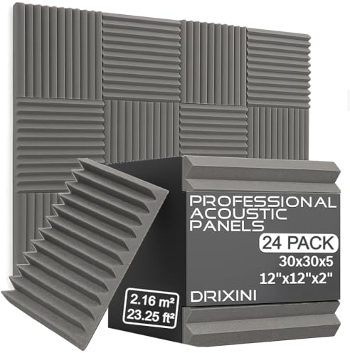 DRIXINI Akustiska paneler 30 x 30 x 5 cm – professionellt ljudabsorberande skum för studio, podcast, hem och kontor - set med 6–48 stycken med tejp - Reverb-dämpning och 3D-dekoration (grå, 24 st)