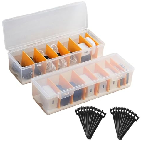 JCTEEY 2 Piezas Caja Organizadora Cables, Organizador Cables Plástico Transparente con 20 Bridas, Organizador de Cables Hay 7 Separadores Extraíbles para la gestión de cables para escritorio