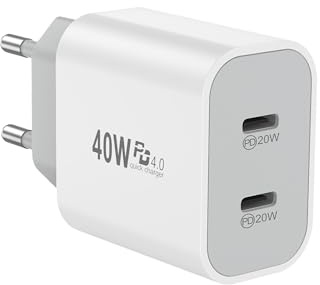 Cargador USB C, Alimentación USB-C de 20 W y 2 Puertos, Adaptador de Carga Rápida Enchufe para iPhone 17, 16, 15, 14 Pro MAX, 13, 12, 11, SE, 8, 7, Samsung Galaxy, Teléfonos Móviles, iPad, Blanco