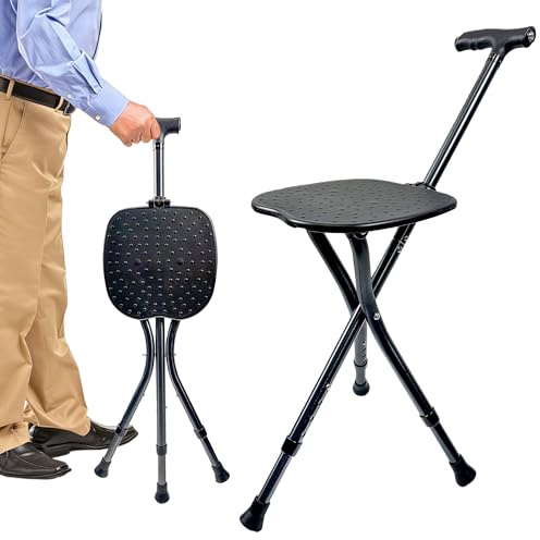FATTCHIAR Walking Cane with Seat Folding Lightweight Adjustable Cane Chair Foldable for Seniors Portable Seat-Black