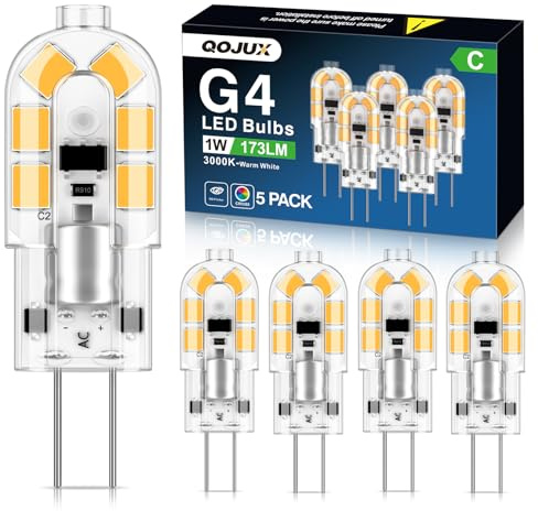 QOJUX Bombilla G4 LED, 1W 173LM G4 LED Clase C, equivalente 20W Lámpara Halógena, Blanco Cálido 3000K Bombilla de Bajo Consumo, AC/DC 12V No Regulable, lote de 5