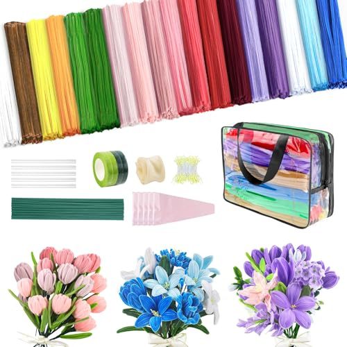 Pipe Cleaners Flower 1000 PCS Pipe Cleaners Craft, Kit with Handle, 18 Colors Chenille Stems with Instruction, DIY Pipe Cleaner for Home Arts and Crafts Decorations Supplies