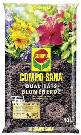 Compo SANA® Qualitäts-Blumenerde torffrei, 5 L – Universalerde für Zimmerpflanzen, Balkon- und Kübelpflanzen – strukturstabile Zimmerpflanzen-Erde mit Startdüngung – optimale Nährstoffversorgung
