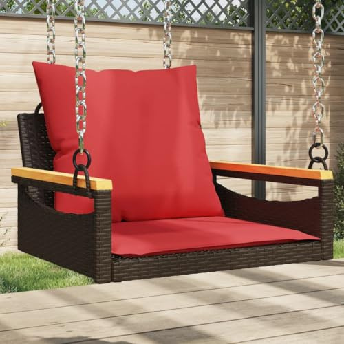 LoogCape Fauteuil suspendu avec coussin marron - 63 x 62 x 40 cm - En rotin synthétique - Avec anneau de fixation - Cadre en acier revêtu par pulvérisation - Banc à bascule d'extérieur
