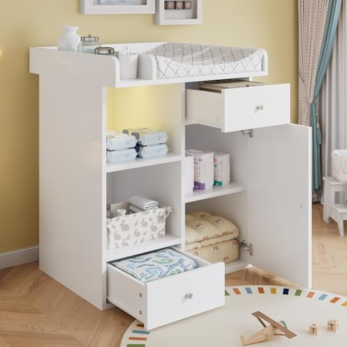 Merax Commode à langer blanche avec éclairage LED, table à langer avec 2 tiroirs, espace à langer avec cloisons surélevées, commode à langer pour bébé avec espace de rangement, étagères ouvertes et