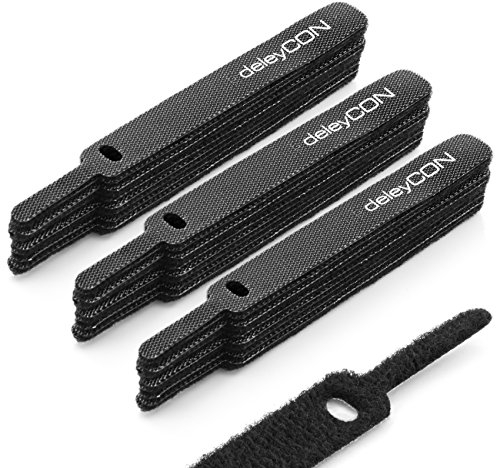 deleyCON 30x Klett Kabelbinder 11,5cm Klettband 12mm Breit Kabelmanagement Kabelorganizer Klettkabelbinder Klettverschluss Schwarz