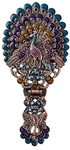 Nerien Vintage Hand Mirror, Vanity Makeup Mirror, Travel Foldable Peacock Antique Handheld Mirror, Portable Adjustable Embossed Handle Mirror, Decorative Oval Metal Beauty Cosmetic Mirror, Copper