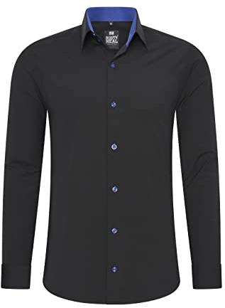 Rusty Neal-herrskjorta premium slim fit långärmad stretch kontrast skjorta affärsskjorta fritidsskjorta, Svart/sax, XL