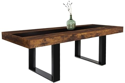 IDMarket - Table à Manger Extensible Rectangle Phoenix 4-8 Personnes Bois Effet Vieilli et Noir Bande Centrale Noire 160-200 cm