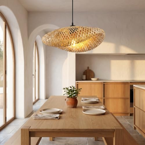 BARCELONA LED hänglampa i naturlig rotting och pil, med sladd, kontakt och strömbrytare, rustik, modern och vintage industri, stämningsfull varm belysning för inomhus, vardagsrum och matsal