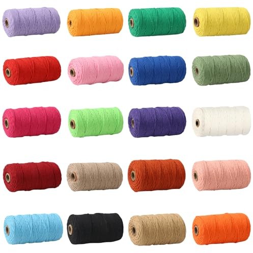 Jubor 20 Pezzi Macrame Corda, 2mm x 30m Colorato Filo Macrame Cotone, Fatta a Mano Corda Macramé, Filato Macrame Naturale per DIY Maglieria Artigianale, Decorazione da Parete, Piante Appese