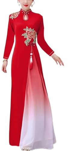 SXTYYH Traditionell Vietnamesisk Klänning Ao Dai Cheongsam Klänning for Kvinnor Lång Kinesiska Klänningar Sommar Teklänning Broderi Qipao(5XL,Red)