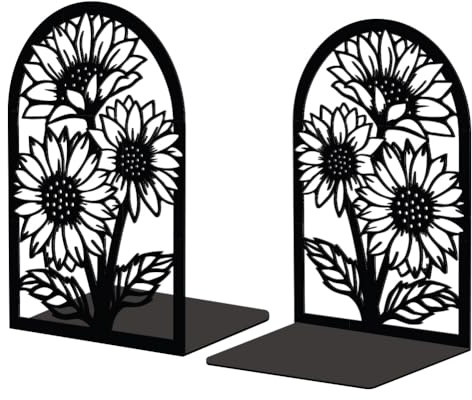 Peacoblue Serre Livre Original Metal Noir, Serre-Livres Tournesols Design Moderne Serré Livre Decoratif Bureau pour Bureau, Cuisine, Étagère et Bibliothèque, 1 Paire