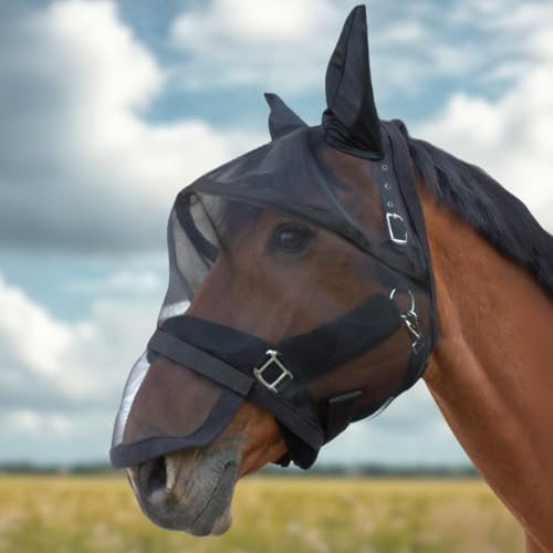 PFIFF 103125 Fliegenmaske „Big Eye“ mit UV-Schutz, Abnehmbarer Nasenschutz, Insektenschutz, atmungsaktiv, Schwarz, Cob