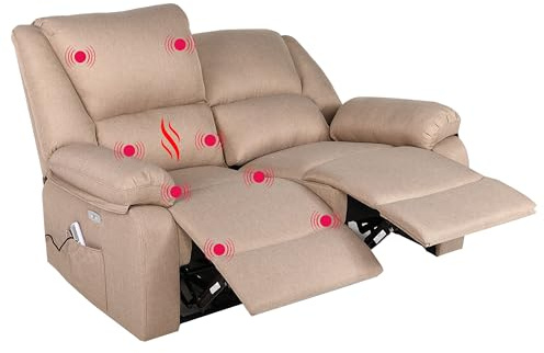 ECODE® Sofa 2 Plazas de Tela con Reclinacion Electrica Independiente y Masaje - Modo Reclinable TV Independiente en Cada Lado, 8 Vibromotores, Calor Lumbar, Doble Botonera, Doble USB (Beige)