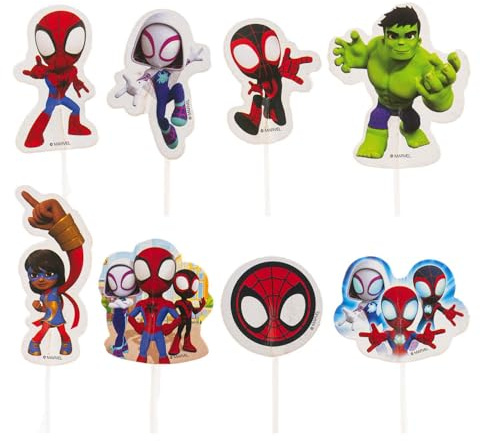 dekora - Cake Toppers Spidey 16 unidades (8 diseños diferentes) – Decoraciones para cupcakes y tartas Marvel oficiales, toppers de papel plastificado con palillos aptos para alimentos
