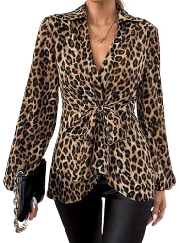BSLVWG Femmes Blouse Vintage Leopard Chemise Manches Longues V col Chemises Tops Ceinture Retro Tunique T-Shirts (FR/ES, Alpha/Lettres, M, Taille Normale, Taille Normale)