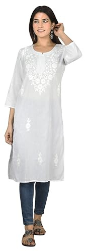 Vrnda Women's White Cotton Kurti – Hand-Embroidered Lucknowi Chikankari, Straight Fit, Knee-Length Pakistani Style Kurta | Design 3 – Medium