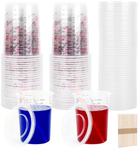 Mixerkoppar, mätkoppar, färg, 600 ml, 50 st mixerkoppar med skala och stavar för flytande färger, pigmentfärger (600 ml–50 st/rött)