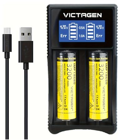 VICTAGEN Ultimo set di caricabatterie: ricarica rapida per batterie ricaricabili 3,7 V agli ioni di litio 18650 18490 18350 17670 17500 16340 (RCR123) 14500, 1,2 V Ni-MH e Ni-Cd, AA, AAA