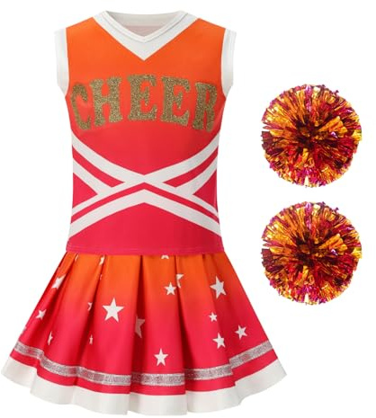yolsun Cheerleader Costume for Girls Fancy School Uniform Dress Cheerleading Outfits for Halloween Party School Cheer Uniform (Orange Red, 8-9 Years)