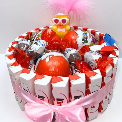 Donda's House® Cesta Kinder. Tarta Kinder. 40 Piezas. Huevo Sorpresa, K. Bueno Mini. Schokobons. Mini Chocolatinas. Regalo original pareja. (Rosa)