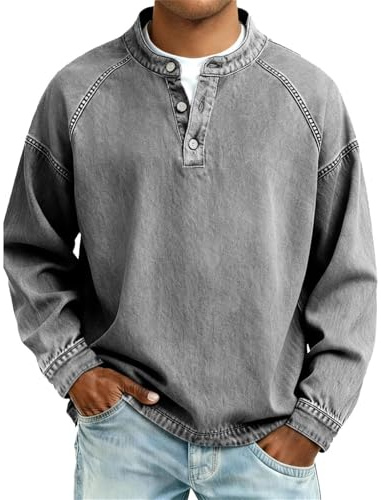 Men's Vintage Henley Shirt Basic Long Sleeve Plain Long Sleeve Casual Shirt with Button Placket Washed Look for Casual Style