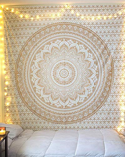 ANJANIYA Ombre Wall Hanging Bohemian Tapestry, Metallic Wall Art Bedspread, Psychedelic Hippie Mandala Dorm Décor for Hanging, Bedding, Beach Coverlet Curtain, Gold, 54X60