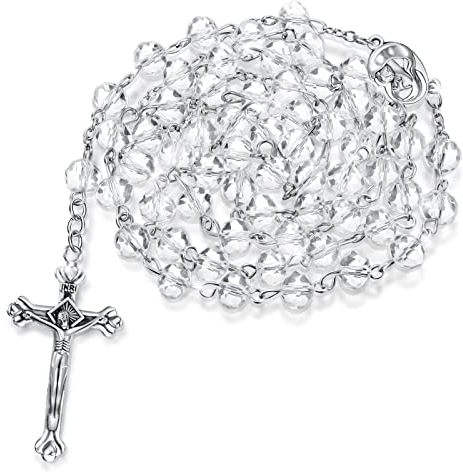 HICARER Katholische Rosenkranz Kette aus Bergkristall Christliches Kreuz Kette Weißes Klares Glas Geschenke zur Erstkommunion mit Lange Kette für Damen Herren Mädchen Jungen
