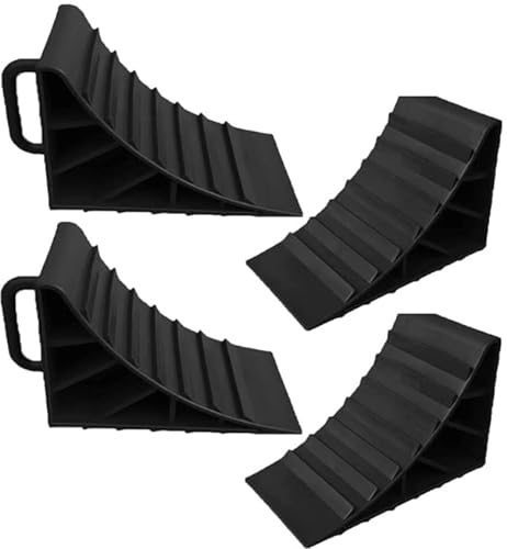 HowseHold Unterlegkeile mit Griffen, 2 Stück, Reifen-Sparer, Bremsstopper, geriffelte Keile für Autos, Wohnwagen, Pferdekasten, Wohnmobil (4 Schwarze Unterlegkeile)