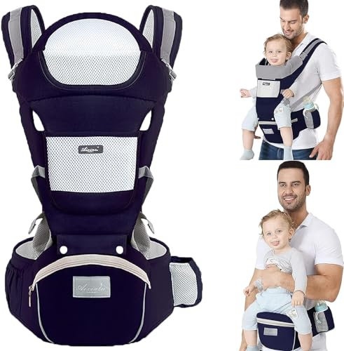 TOFFCAEA 6-in-1 Babytrage Neugeborene, Babytrage Ergonomische Reine Baumwolle Leicht, verstellbarer Sitz, für Neugeborene von 3 bis 36 Monate (3,5 bis 20 kg)(Dunkelblau Taillenumfang 71-130cm)