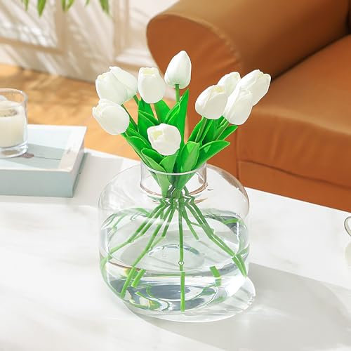 PORPAN Round Glass Vase, Clear Glass Vase, Wide Flower Vase, Large Glass Vase for Flowers, 8 Inch Glass Flower Vase for Living Room, Dining Table, Wedding, Bookshelf, Office Decor