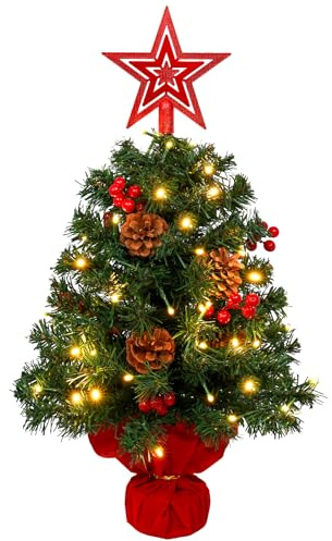 AGM Small Christmas Tree with lights 2ft, 60cm Tabletop Mini Christmas Tree with Tree Topper Star Red Berries and Pine Cones, for Christmas Home Kitchen Dining Table Decor