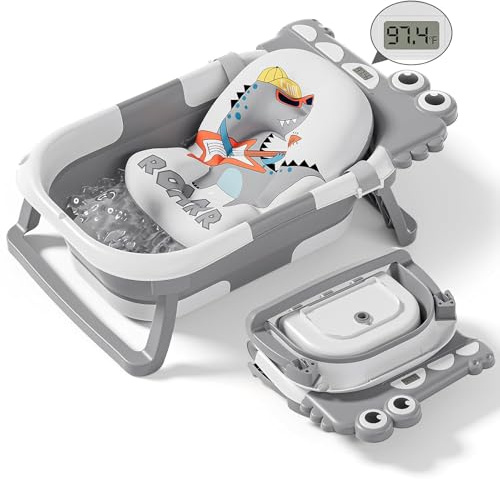 Collapsible Baby Bathtub for Newborn, Foldable Baby Bath Tub with Thermometer & Soft Floating Cushion & Drain Hole, Portable Travel Infant Bath Tubs for Newborns to Toddlers 0-36 Months Boys, Grey