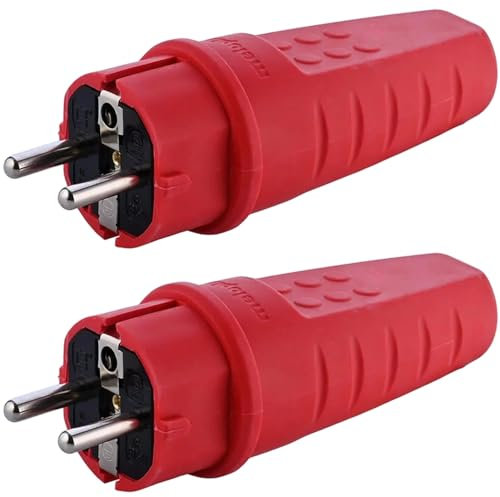 Lot de 2 fiches en caoutchouc, 230 V, 16 A, IP44, incassable, étanche, fiche Schuko avec contact de protection, fiche Schuko, fiche de contact de protection avec décharge de traction, 2 pièces (rouge)