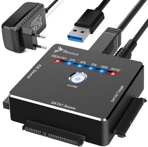 Reagle Adaptador USB SATA IDE con Función de Clonación Offline, Convertidor HDD SSD hasta 16TB, USB 3.2 Gen 1 5Gb/s, para Discos 2,5 y 3,5 Pulgadas SATA I/II/III IDE, Lectores CD DVD, Windows Mac