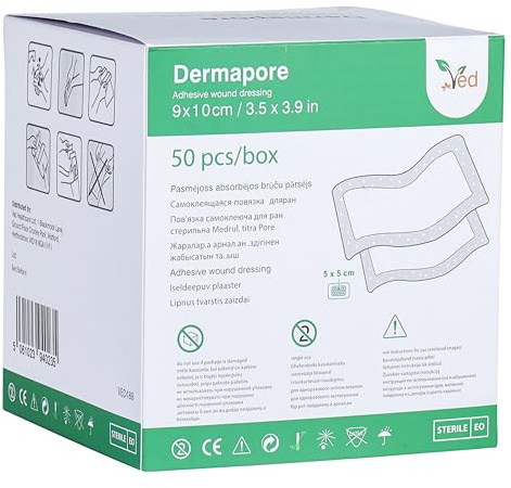 Medicazione adesiva VED Dermapore per ferite - Adatta per tagli ed escoriazioni, ulcere venose delle gambe, piccole piaghe da decubito - Media (9 x 10cm (Pack of 50))
